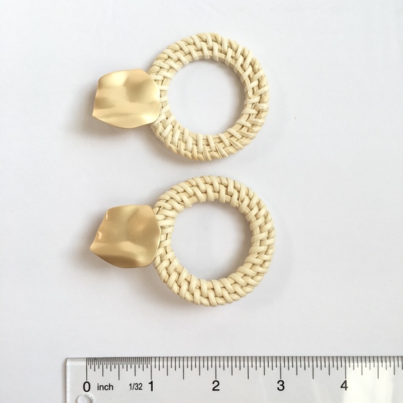 Rattan Woven Wicker Earrings with Gold Accent Stud - Picture 4 of 5
